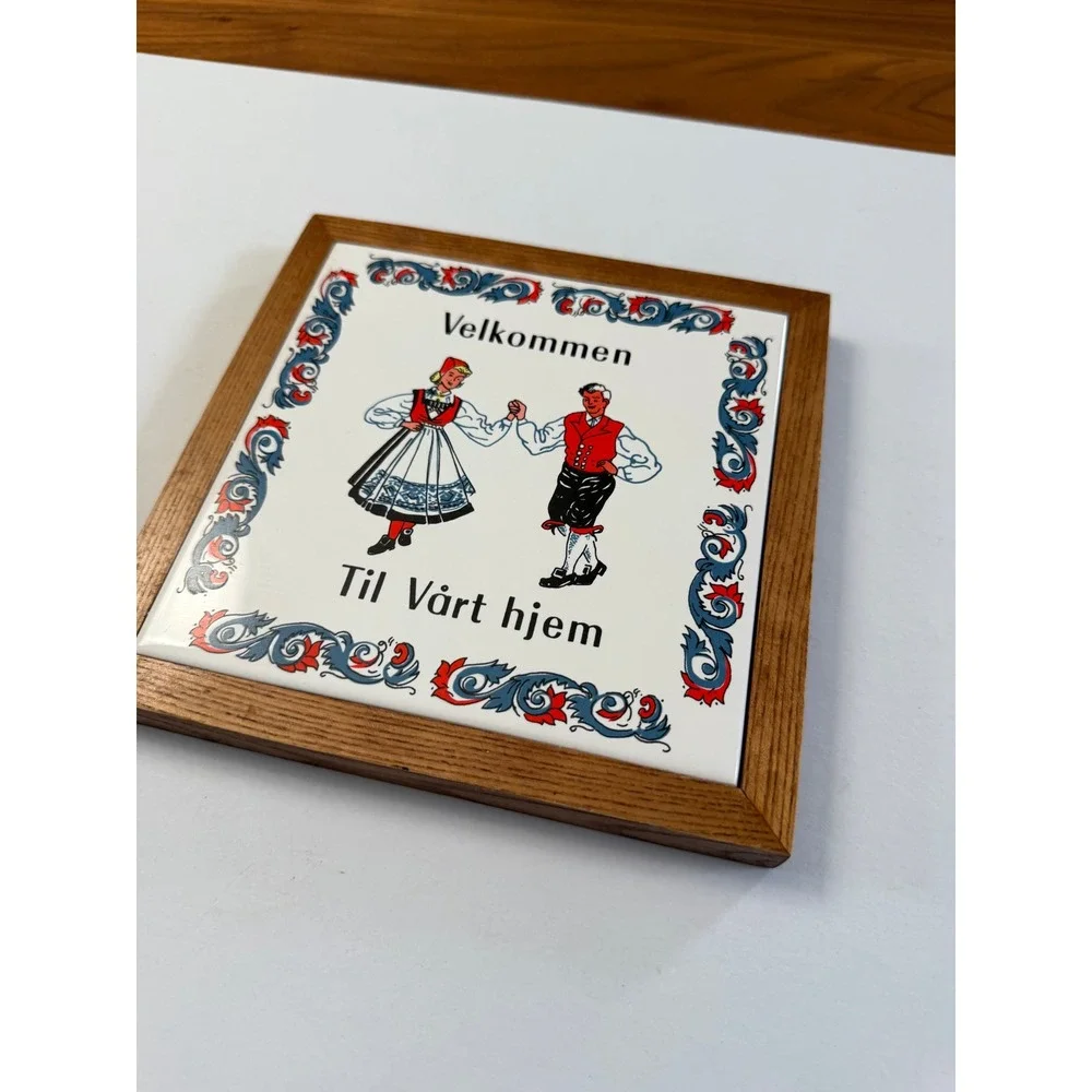 VTG  Norwegian Welcome Tile Wall Plaque Trivet  7x7 White Blue Red Folk Art